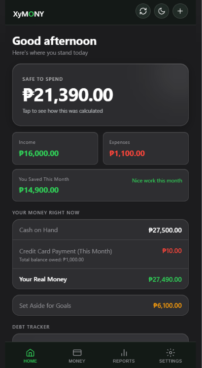 XYMONY home screen showing Safe to Spend, income, expenses, and account balances