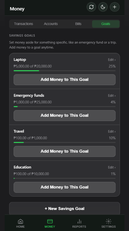XYMONY Savings Goals screen showing Laptop, Emergency funds, Travel, and Education goals